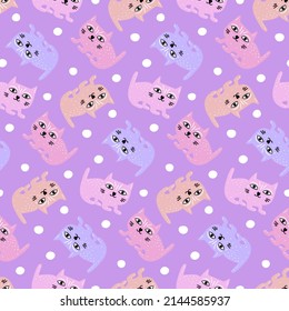 Hand drawn cute kittens for baby fabric print. Delicate pink lilac seamless children's pattern for infant textiles. Nursery favorite wallpaper for girls newborn. Pets in doodle style. Cartoon animals.