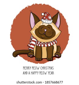 Hand drawn cute kittenwith new year and christmas decorations