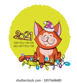 Hand drawn cute kittenwith new year and christmas decorations
