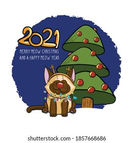 Hand drawn cute kittenwith new year and christmas decorations