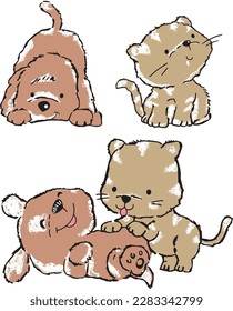 
HAND DRAWN CUTE KITTY AND PUPPY PLAYING
