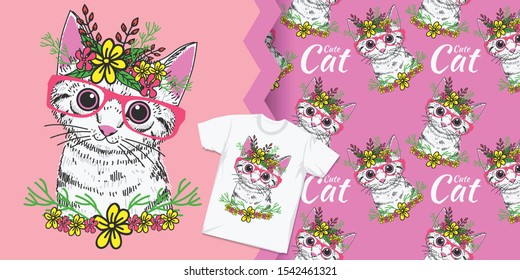 hand drawn cute kitty with seamless pattern
