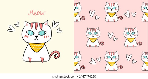 Hand drawn cute kitty,cat poster with pattern seamless vector set.