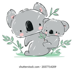 Hand drawn Cute koala with green leaves isolated on white background kids design print vector illustration