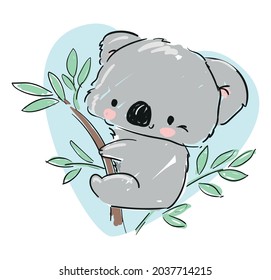 Hand drawn Cute koala with green leaves isolated on white background kids design print vector illustration