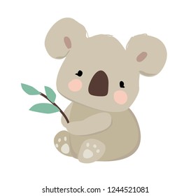 Hand drawn cute koala holds a branch with leaves isolated on white background. Vector illustration.