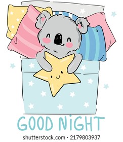 Hand drawn cute koala Print design for baby pajamas textiles Vector illustration