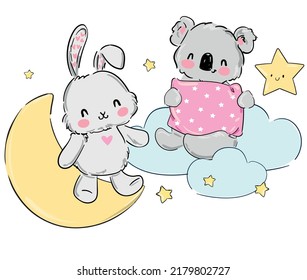 Dibujo a mano lindo koala y conejo en la luna Diseño de impresión para pijamas de bebé textiles Ilustración vectorial