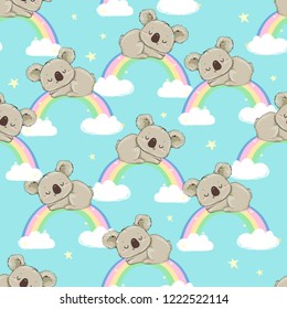 Hand Drawn cute koala and rainbow Pattern, print design background, children print textile design