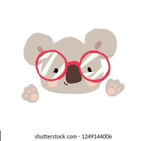 Hand drawn cute koala with red glasses. Friendly cartoon character. Childish vector illustration.