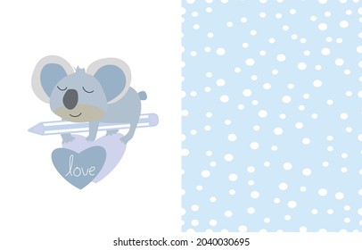 Hand drawn cute Koala sleeping on blue pencil, hearts and love message. Childish seamless pattern with white circles,dot. Vector illustration