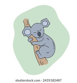 Dibujado a mano lindo koala durmiendo en un árbol. Caricatura del personaje de koala durmiente. Ilustración de vector