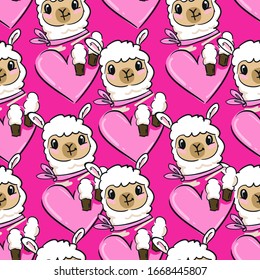 Hand drawn cute Lama with heart pattern seamless. Print design textile. Vector illustration.