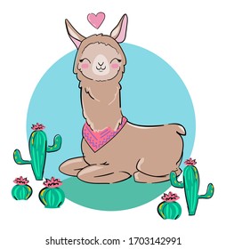 Hand drawn cute Lama. Print design for t-shirt. Vector illustration. 