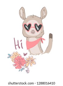 Hand drawn cute Lama with sunglasses. Print design for t-shirt. Vector illustration.