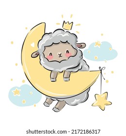 Hand drawn cute lamb on the moon. Print design for baby textiles. Vector illustration
