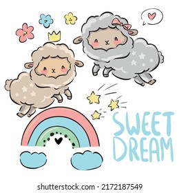 Hand Drawn Cute Lamb, Cute Sheep, Vector Illustration Print Design for T-shirt