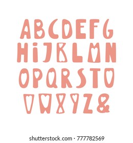 Hand drawn cute latin alphabet in Scandinavian style, in pink, with hearts. Make your own Valentine Day lettering. Isolated letters on white background. Vector illustration.