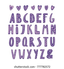Hand drawn cute latin alphabet in Scandinavian style with ornate letters in violet and lilac. Make your own lettering. Isolated letters on white background. Vector illustration.