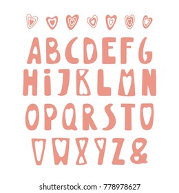 Hand drawn cute latin alphabet in Scandinavian style, in pink, with hearts. Make your own Valentine Day lettering. Isolated letters on white background. Vector illustration.