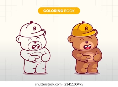 hand drawn cute laughing bear illustration coloring book for children to fill in