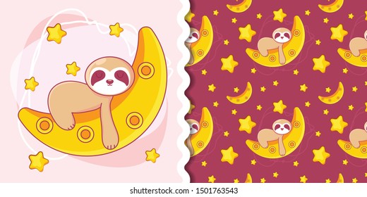 hand drawn cute lazy sloth with pattern set