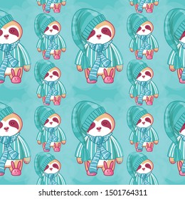 hand drawn cute lazy sloth with pattern set