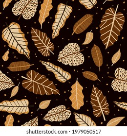 Hand drawn cute leaf vector seamless pattern. Cartoon foliage plants with textures and dots on black background. Abstract botanical backdrop. Flat style jungle wallpaper. Trendy fabric print design