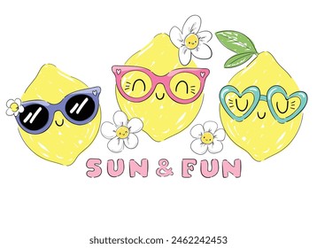 Hand Drawn cute lemons vector, T-Shirt design for kids.