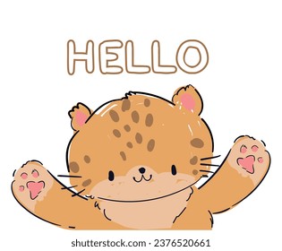 Hand drawn cute leopard background vector illustration kids print design written phrase - HELLO