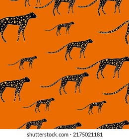 Hand drawn cute leopard seamless pattern. Doodle cheetah endless wallpaper. Wild animals background. Design for fabric, textile, wrapping, illustration