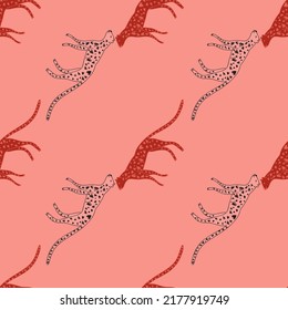 Hand drawn cute leopard seamless pattern. Doodle cheetah endless wallpaper. Wild animals background. Design for fabric, textile, wrapping, illustration