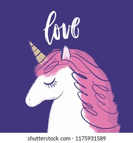 Hand drawn cute lettering postcard with unicorn, poster, sticker. Vector illustration
