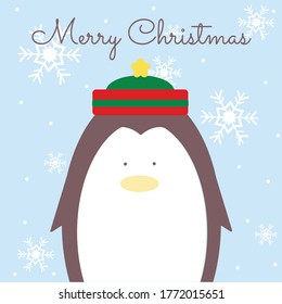 Hand drawn cute light brown penguin wears green and red hat decor with yellow star cartoon character vector isolated on light blue background with white snow flakes and text "Merry Christmas" 