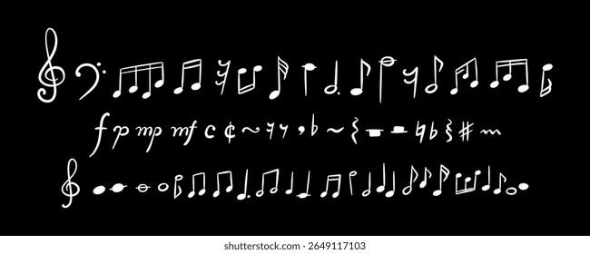 Mão desenhada linha bonito rabiscar notas de música e sinais definidos. Fundo de Crayon rabiscar. Ilustração de vetor de esboço manuscrito. Melodia símbolos sonoros. Desenho a giz da prancha traseira