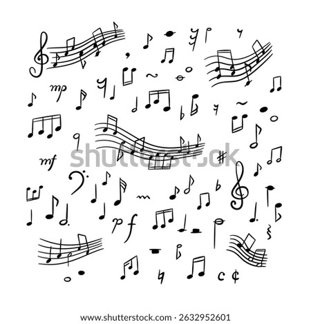 Hand drawn cute line doodle music notes and signs set. Crayon scribble background. Handwriting sketch vector illustration. Melody sound symbols. Whimsical chalk childish pattern
