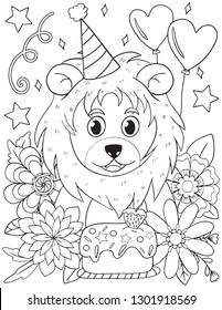 Hand drawn Cute Lion with cake and flowers element vector doodle. Black and white lines