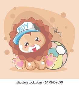 hand drawn cute lion illustration card for kids