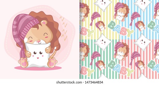 hand drawn cute lion and pattern set