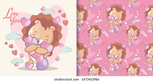hand drawn cute lion seamless pattern and illustration card