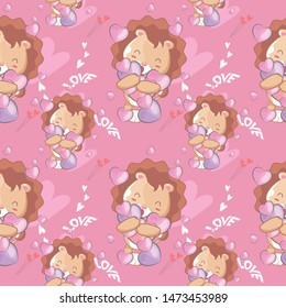 hand drawn cute lion seamless pattern and illustration card