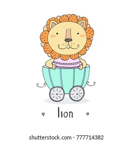 Hand drawn Cute lion In the trailer. print for kids.