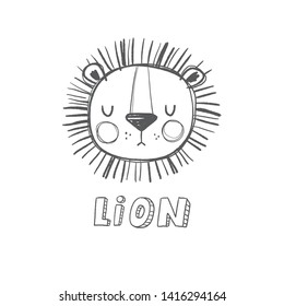 Hand drawn cute lion vector illustration. Hand drawn vector illustration for posters, cards, t-shirts. Monochrome  lion