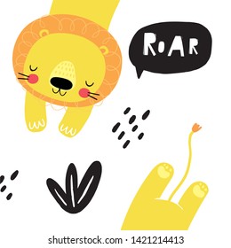 Hand drawn cute lion vector illustration. Hand drawn vector illustration for posters, cards, t-shirts. 