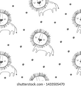 Hand drawn cute lion vector illustration. Hand drawn vector illustration for posters, cards, t-shirts. Monochrome  lion seamless pattern