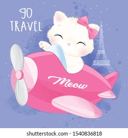 Hand drawn cute litter kitty flying with aeroplane