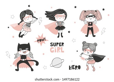 Hand drawn cute little baby girls superhero characters collection. Lightning, cloak, mask, suits, powerful and other superhero attribution. 