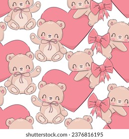 Hand drawn cute little bear and heart background seamless pattern valentine day love vector illustration design