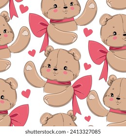 Hand Drawn Cute little Bear and red Bow valentine day vector seamless pattern illustration design