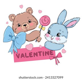 Hand Drawn Cute little Bear and Bunny heart, card for Valentine's Day, Vector Illustration